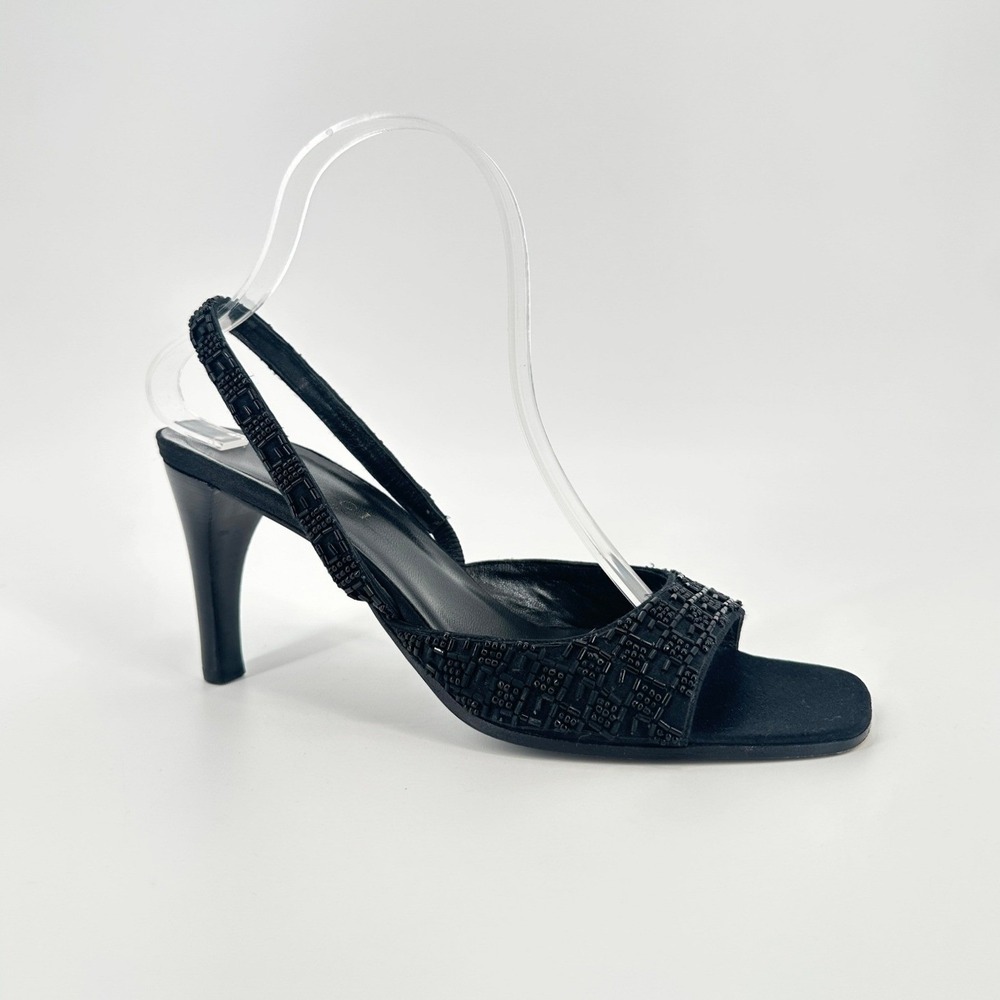 Gucci Tom Ford 90s Black Satin Beaded Monogram Slingback Heel Square Toe Rare 8B